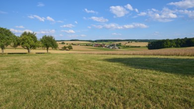 Rural scene with a view of a village and surrounding fields under a blue sky, Reichartshausen,