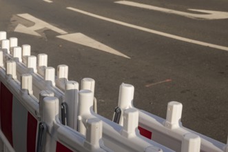 Borken, NRW, Germany, White and red plastic roadblock barriers are protecting road works, ensuring