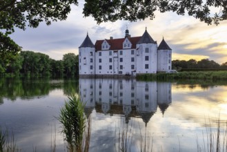 Glücksburg Castle, residential castle, moated castle with museum, Renaissance architecture, evening