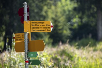 Hiking trail signpost, Sentiero Lucomagno, Campra, Blenio, Ticino, Switzerland
