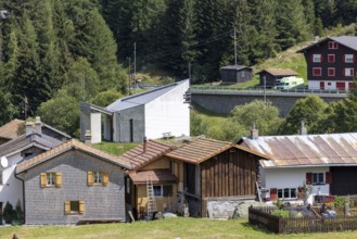 Hamlet with chapel of St James the Elder, Acla, Curaglia, Val Medel, Graubünden, Switzerland