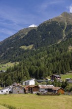 Hamlet with chapel of St James the Elder, Acla, Curaglia, Val Medel, Graubünden, Switzerland