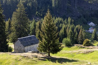 Settlement at mountain huts, Ör da Pü, Blenio, Ticino, Switzerland