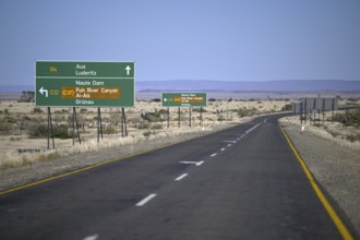 Road signs on the B4 between Keetmanshoop and Lüderitz, near Goageb, Karas Region, Namibia