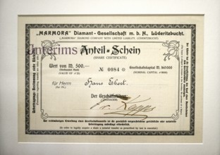 Share certificate of the Lüderitzbucht Diamond Company, exhibit in the Jasper House Museum,