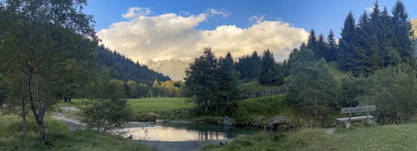 Bench and stream loop, Brenno high valley near Campra, Lukmanier Pass, Blenio, Ticino, Switzerland