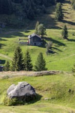 Settlement at mountain huts with boulder, Ör da Pü, Blenio, Ticino, Switzerland