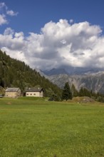 Mountain huts in high valley, Campra, Lukmanier Pass, Blenio, Ticino, Switzerland