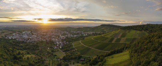 A town stretches out between green hills in the warm light of the sunset, Korb im Remstal,