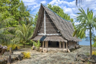 Traditional historical meeting house for men Tribal Chief Men Men's House between palm trees, in