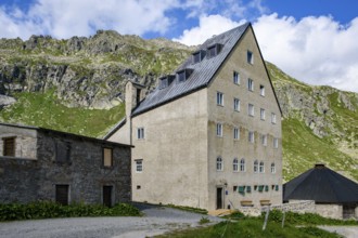 View of building Ospizio Hospiz Herberge San Gottardo St. Gotthard built from 1230 in the 13th