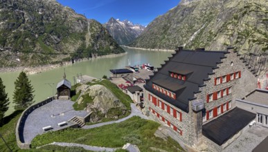 View from an elevated position to the right of the Grimselhospiz Hotel, built in 1932 on the