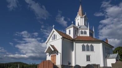 White church building with tiled roofs, Tangen kirke or church, Olavsweg or Olavsleden, pilgrimage
