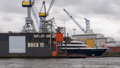 Bow of a yacht in Dock 11 of Blohm und Voss, Hamburg, Germany