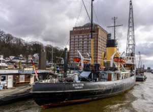 Tugboat pier Neumühlen on the Elbe, Hamburg, Germany