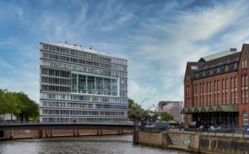 Glass office complex in Hamburg's Speicherstadt warehouse district, Germany