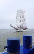 Three-masted gaff schooner, Loth Lorien, sailing ship, overcast sky, passenger ship, Weser, bollard