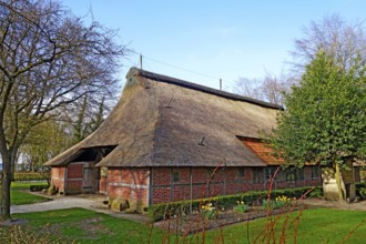 Building with thatched roof, Bad Zwischenahn, Ammerland, Lower Saxony, Germany