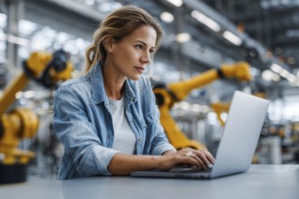 Electronics Factory Manager Working on Laptop at an Industrial Manufacture with Robotic Arms.