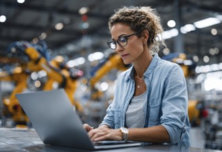 Electronics Factory Manager Working on Laptop at an Industrial Manufacture with Robotic Arms.