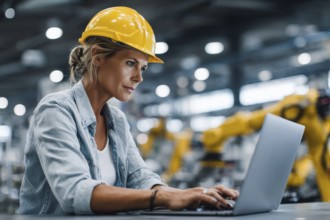 Electronics Factory Manager Working on Laptop at an Industrial Manufacture with Robotic Arms.