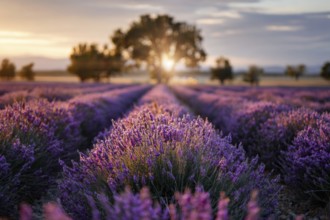 Endless lavender fields and rows of lavender flowers at scenic sunset, AI generated