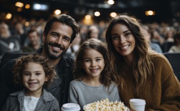 Family eating popcorn while watching the movie. Quality family time, AI generated