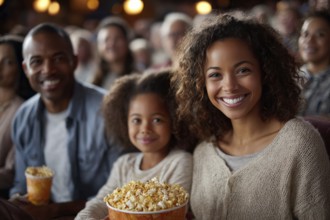 Family eating popcorn while watching the movie. Quality family time, AI generated
