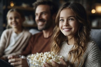 Family eating popcorn while watching the movie. Quality family time, AI generated