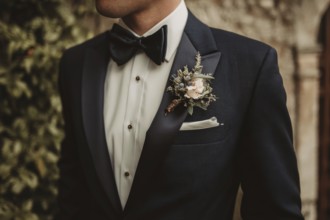 Handsome groom in elegant costume before the weeding waiting to join his bride, AI generated