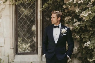 Handsome groom in elegant costume before the weeding waiting to join his bride, AI generated
