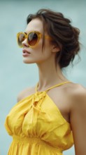 Fashion beautiful lady poses in fashionable modern clothes on yellow background. Model poses
