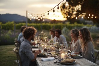 Family enjoying dinner together in the backyard during sunset, AI generated
