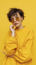 Fashion beautiful lady poses in fashionable modern clothes on yellow background. Model poses