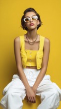 Fashion beautiful lady poses in fashionable modern clothes on yellow background. Model poses