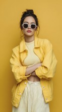 Fashion beautiful lady poses in fashionable modern clothes on yellow background. Model poses