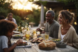 Family enjoying dinner together in the backyard during sunset, AI generated