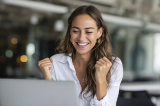 Emotional business woman showing happiness. Concept of winning and achieving corporate goals and