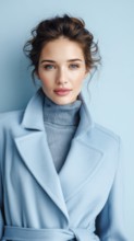 Fashion portrait of young elegant woman in blue coat. on light blue background. Model poses showing