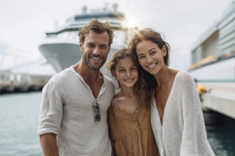 Happy family on vacation stands in front of cruise ship, AI generated