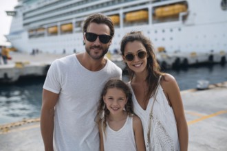 Happy family on vacation stands in front of cruise ship, AI generated