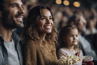Family eating popcorn while watching the movie. Quality family time, AI generated