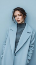 Fashion portrait of young elegant woman in blue coat. on light blue background. Model poses showing