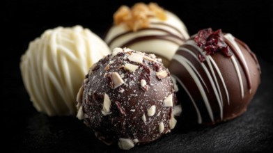 Elegant Dark and White Chocolate Truffles on Black Background. Healthy diet and healthy lifestyle,