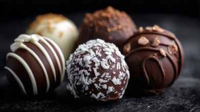 Elegant Dark and White Chocolate Truffles on Black Background. Healthy diet and healthy lifestyle,