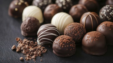 Elegant Dark and White Chocolate Truffles on Black Background. Healthy diet and healthy lifestyle,
