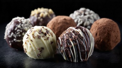 Elegant Dark and White Chocolate Truffles on Black Background. Healthy diet and healthy lifestyle,