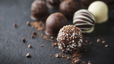 Elegant Dark and White Chocolate Truffles on Black Background. Healthy diet and healthy lifestyle,