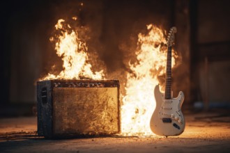 Concept of rock and roll and heavy metal music illustrated by burning guitar and amplifier, AI