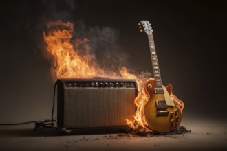 Concept of rock and roll and heavy metal music illustrated by burning guitar and amplifier, AI